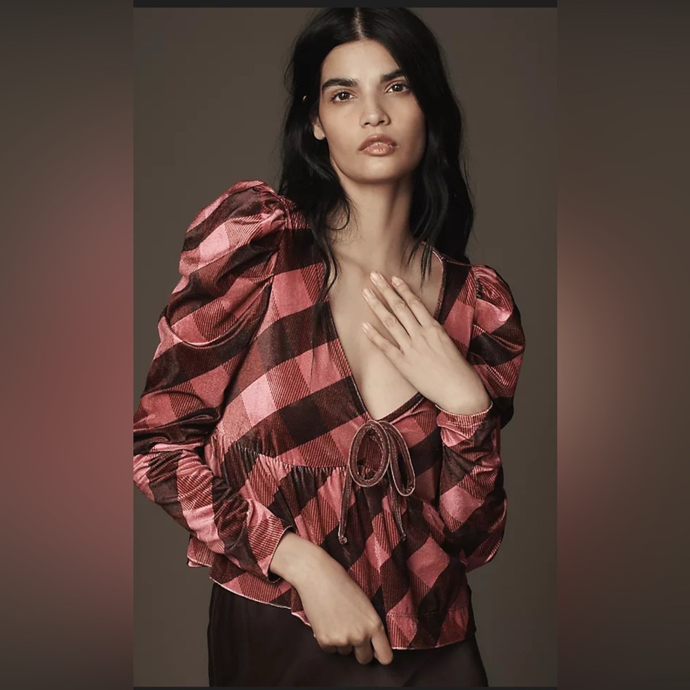 Maeve Anthropologie Velvet Babydoll Top pink brown plaid puff NWT Large